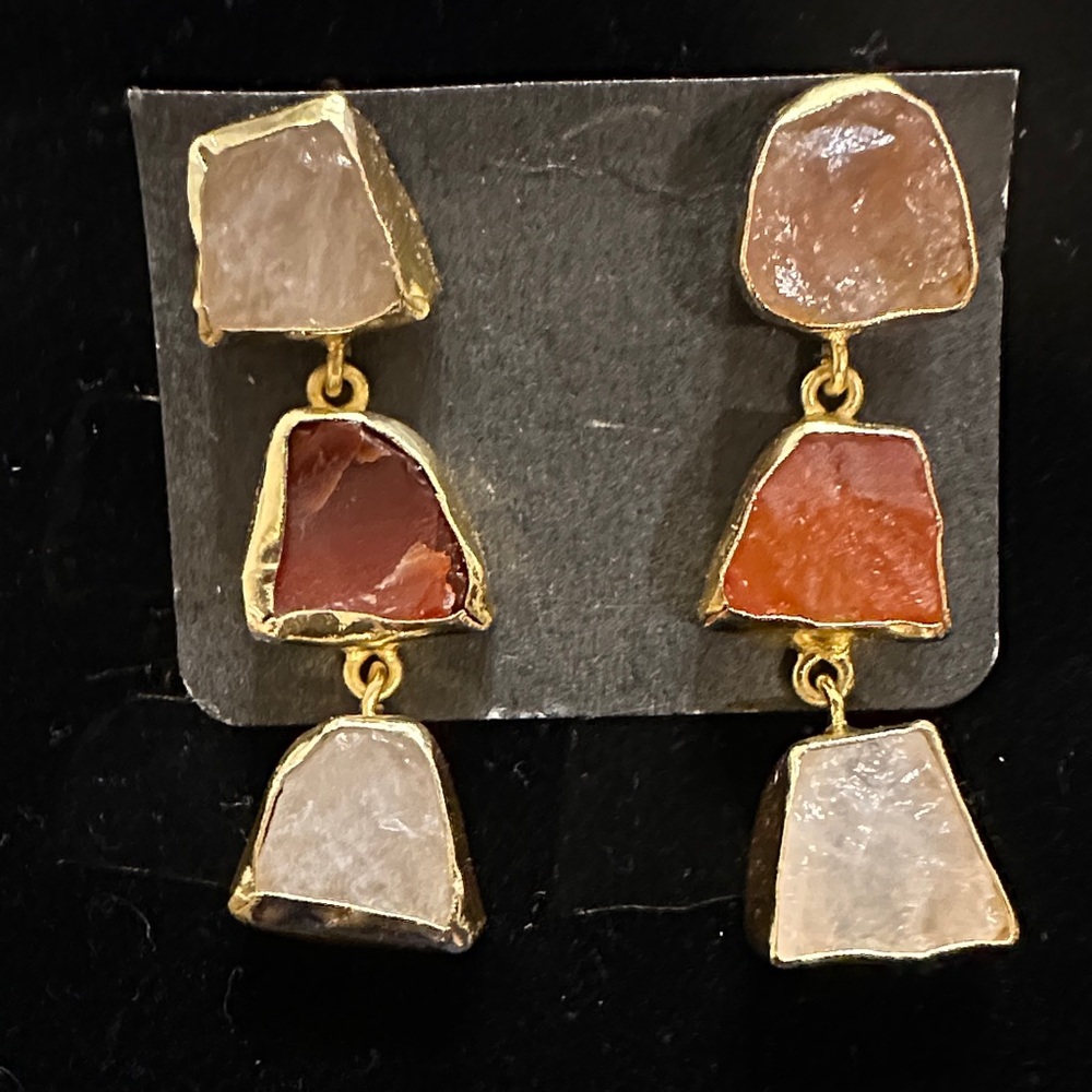 Elegant Gold and Brown Stone Drop Earrings - Picture 2 of 3